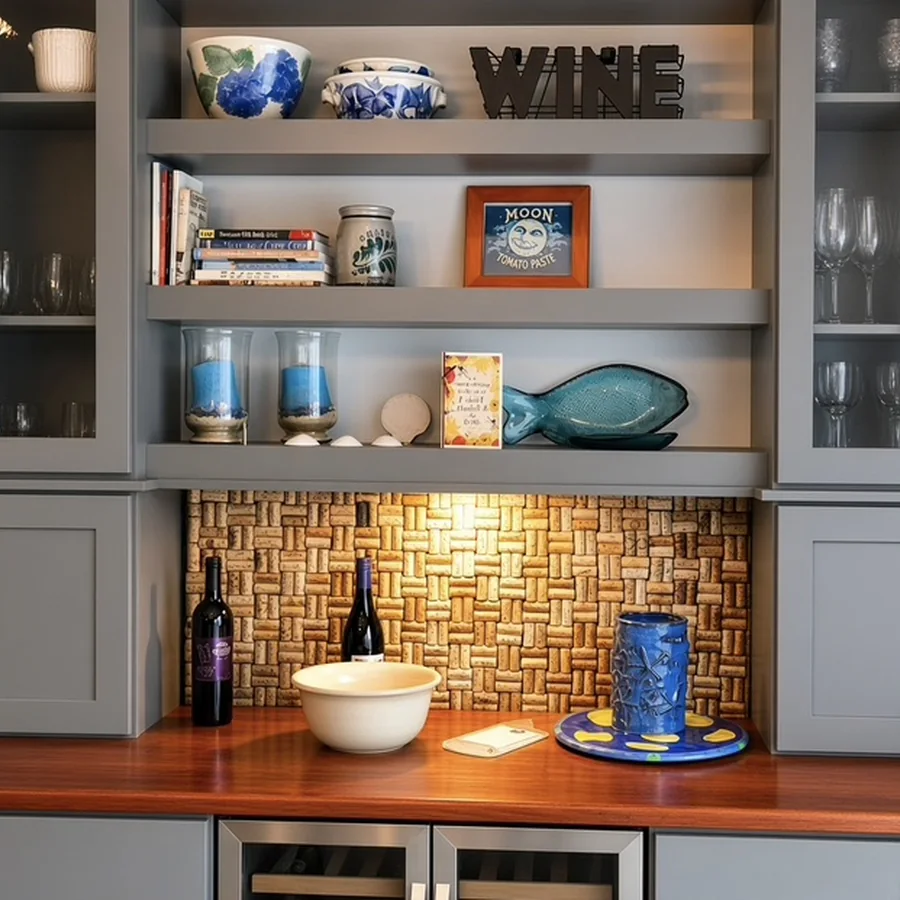 Butler pantry with grey cabinetry, mahogany counter and wine cork backsplash