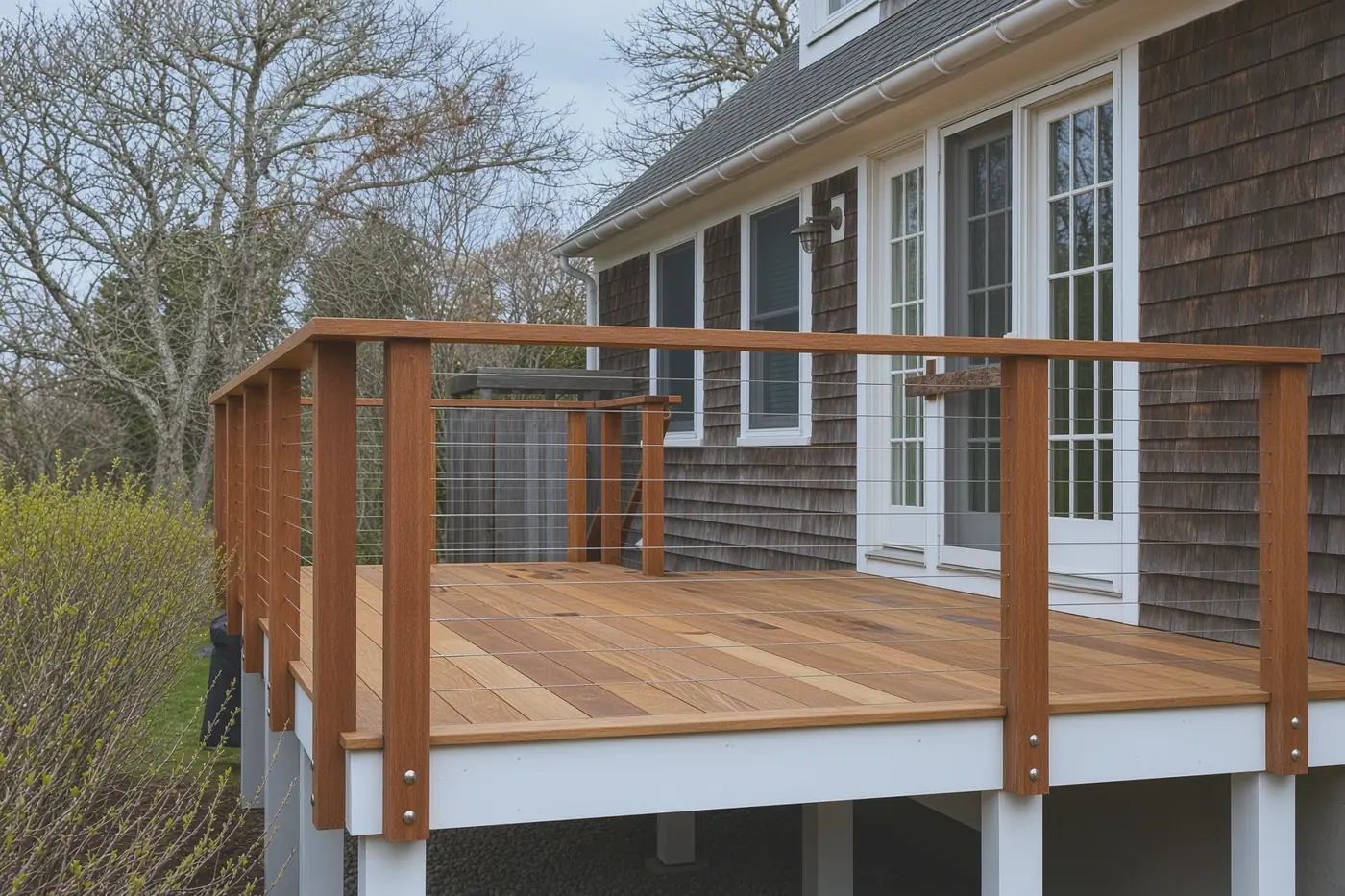 Mahogany deck with stainless cable railing off a shingled Cape