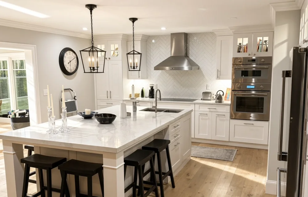 Renovated kitchen with white cabinetry, marble island and oak floors, built by Tatra on Cape Cod