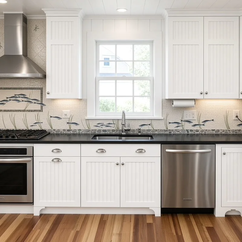 White beadboard kitchen with hand-painted fish tile backsplash and black granite, built by Tatra