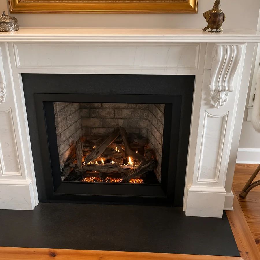 Carved marble mantel with a gas insert and slate hearth