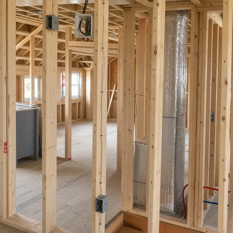 New construction framing with electrical, plumbing and duct rough-ins in place
