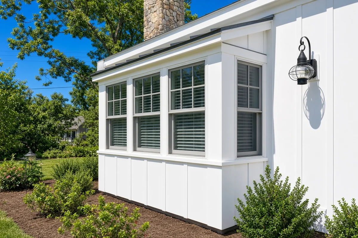 Board-and-batten sunroom addition on a Cape Cod home