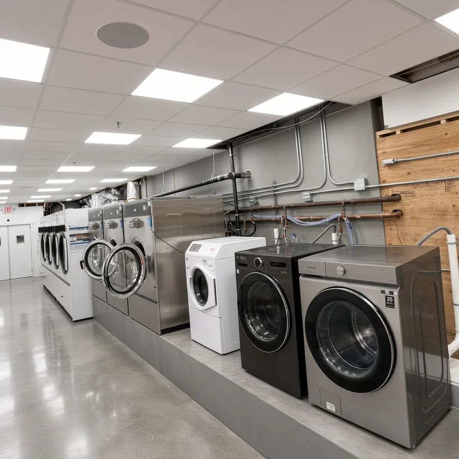 Commercial laundry room fit-out with exposed conduit and supply lines