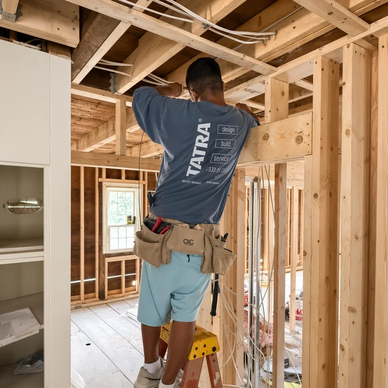 Tatra electrician running wire through new framing