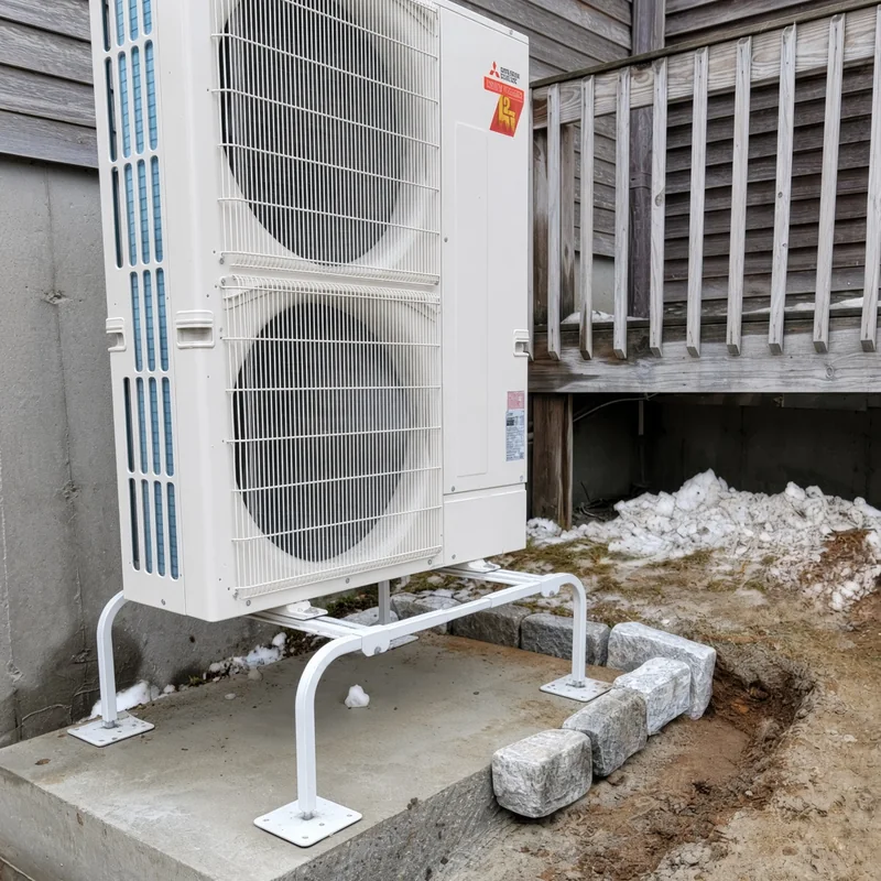 Mitsubishi heat pump condenser set on a concrete pad by Tatra