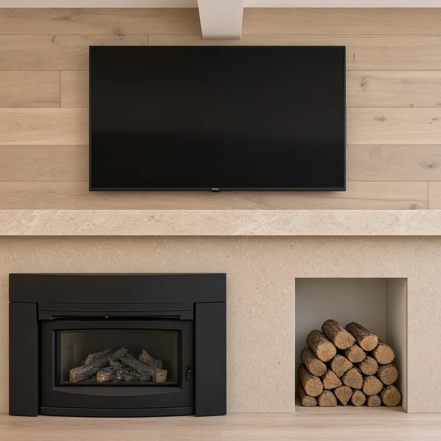 Limestone fireplace surround with built-in log storage and oak panelling