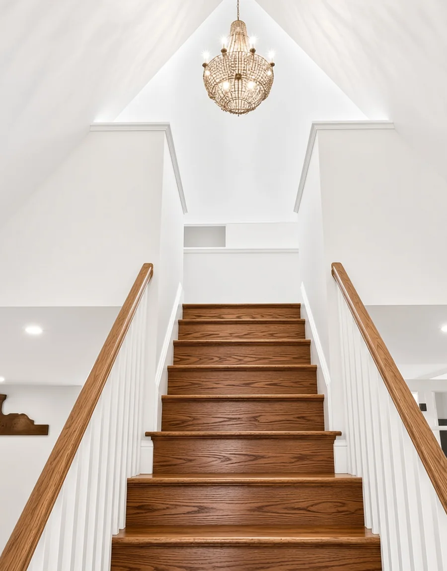 Open stair hall with oak treads and a vaulted ceiling