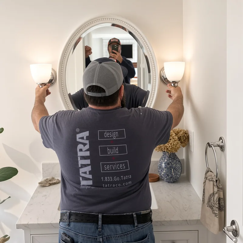 Tatra carpenter setting vanity sconces during finish work