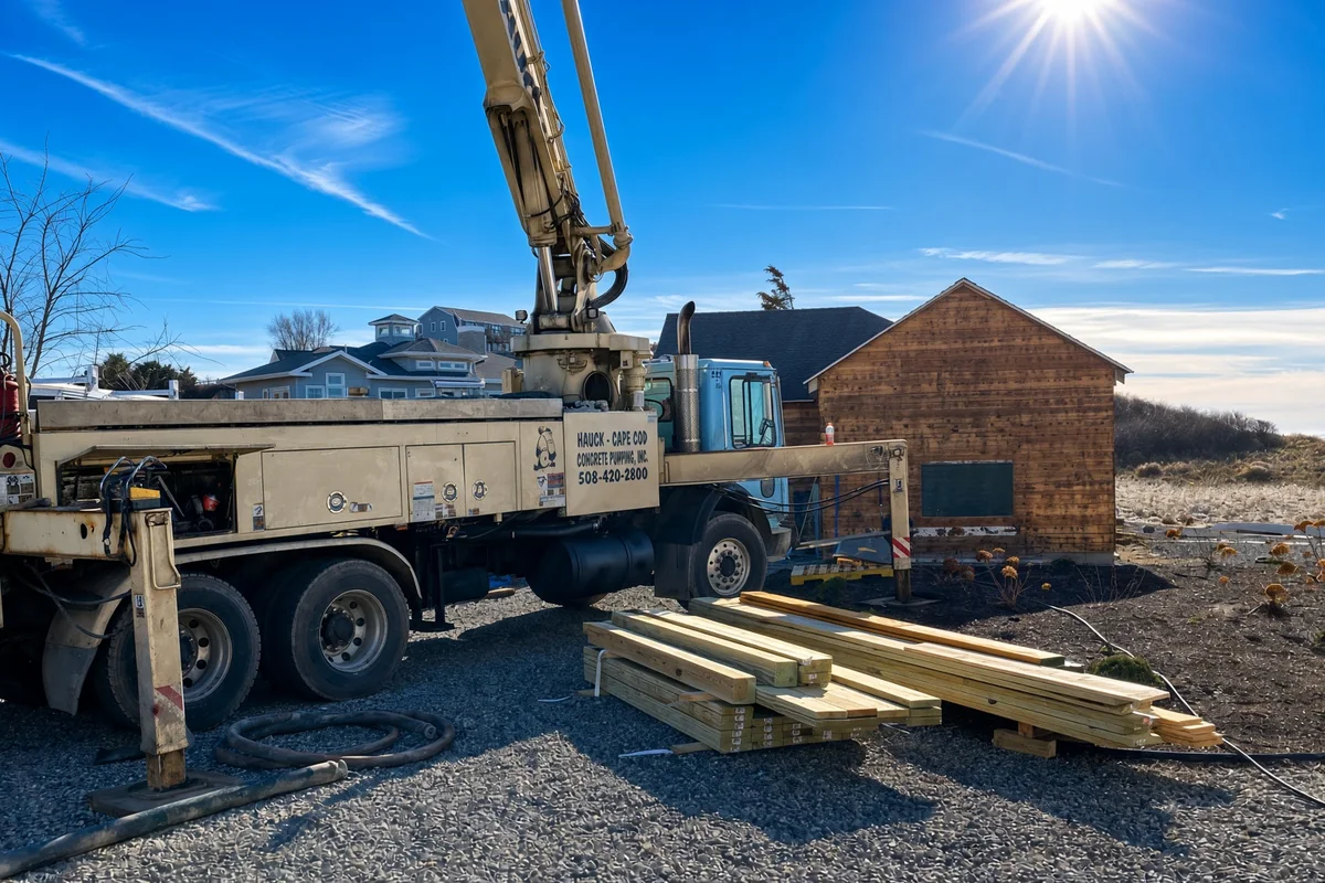 Concrete pump truck on a beachfront new-build site