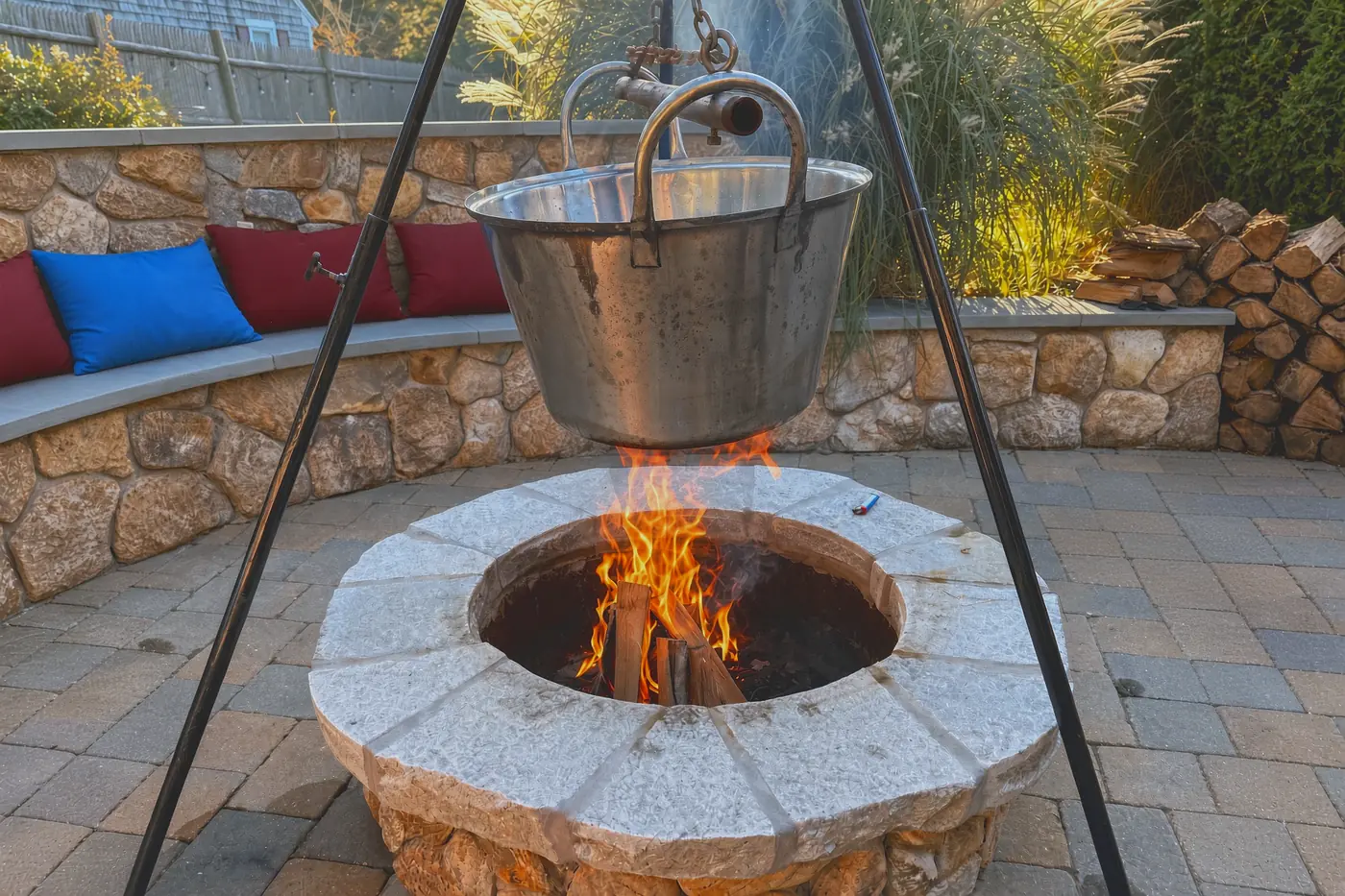 Fieldstone fire pit with a hanging cauldron, curved stone seat wall and paver patio