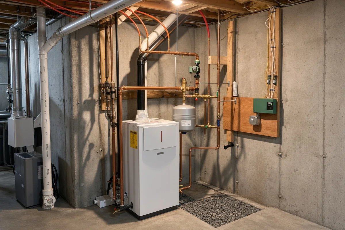 Basement boiler room with copper distribution piping