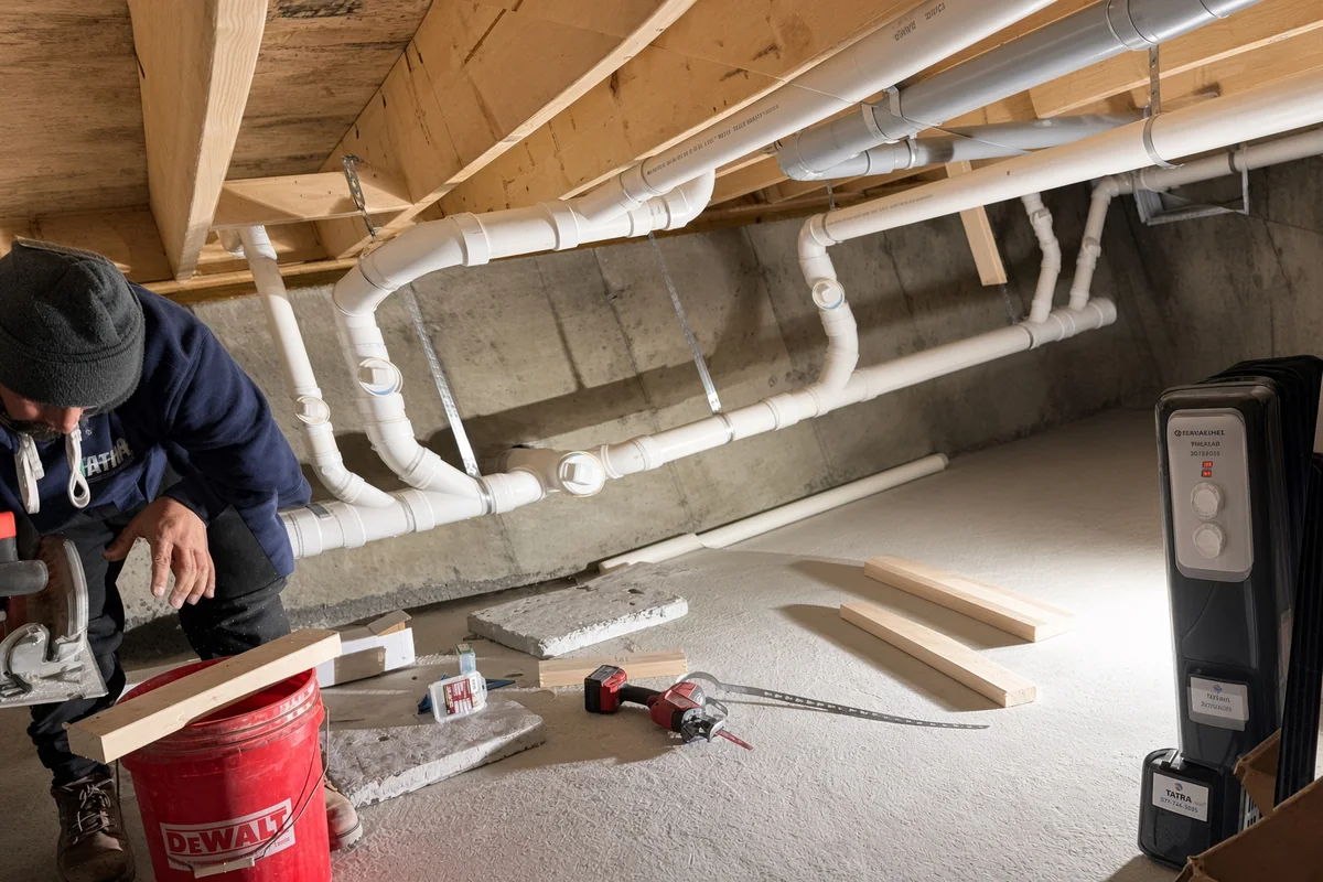 Overhead PVC waste and vent piping run through a new basement
